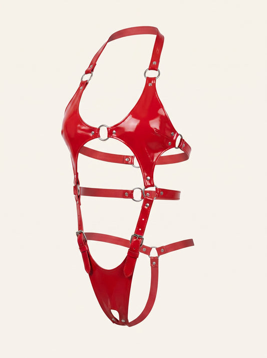 Pamela Leather Crotchless Fullbody in Red, floating