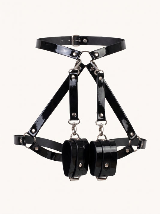 Abby Leather Legs Garters with Bracelets in Black, floating