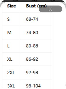 Sakura Leather Bra – size chart