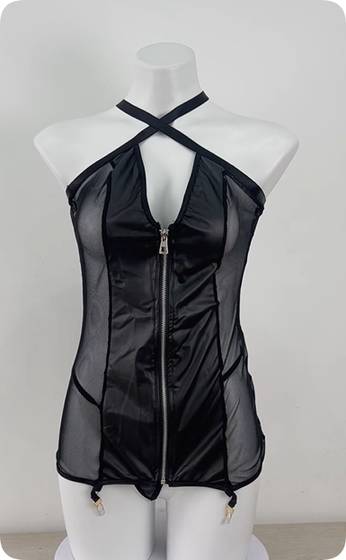 Fishnet Corset Bodysuit with Garter Straps – Black