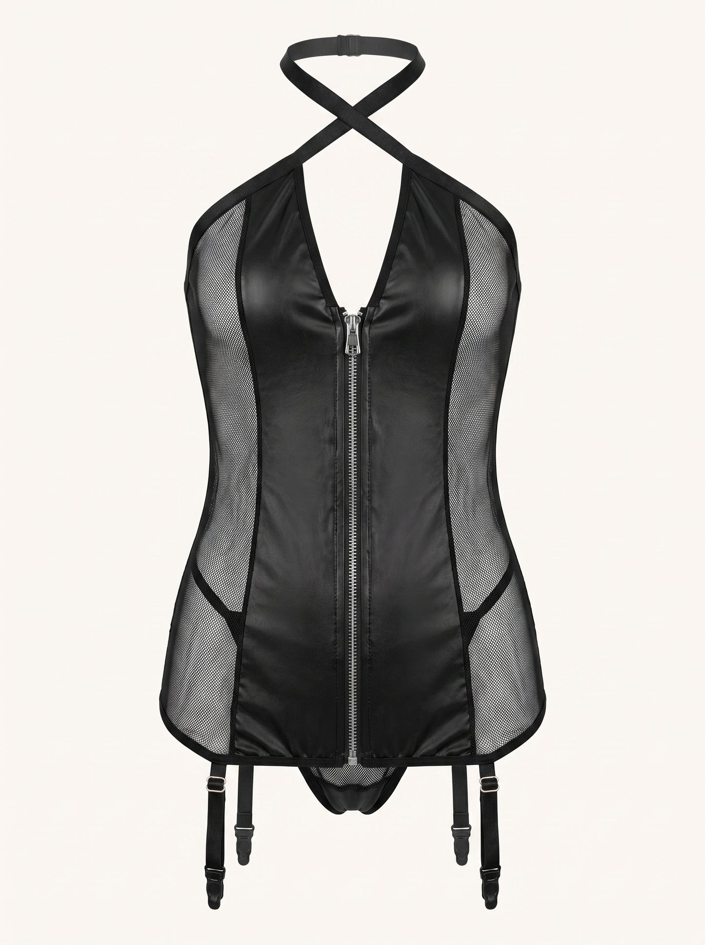 Fishnet Corset Bodysuit with Garter Straps in Black, floating