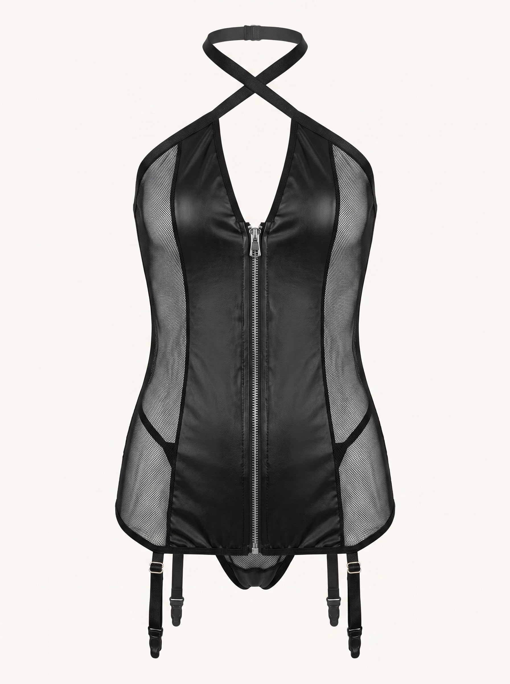 Fishnet Corset Bodysuit with Garter Straps in Black, floating