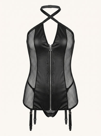 Fishnet Corset Bodysuit with Garter Straps in Black, floating