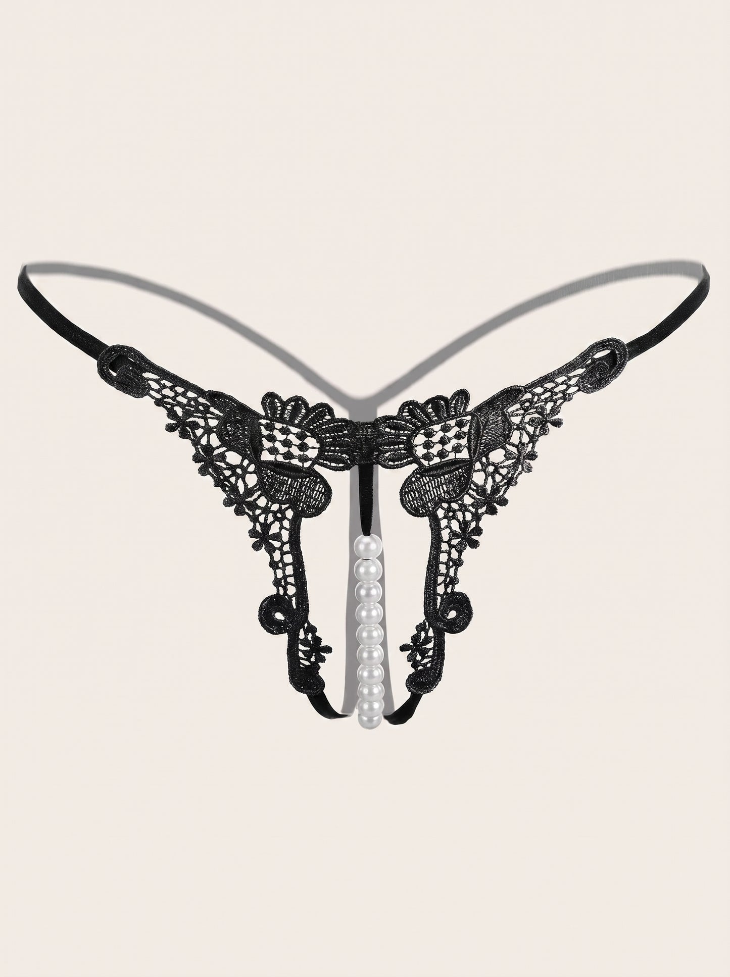 Lace Pearl G String in Black, floating