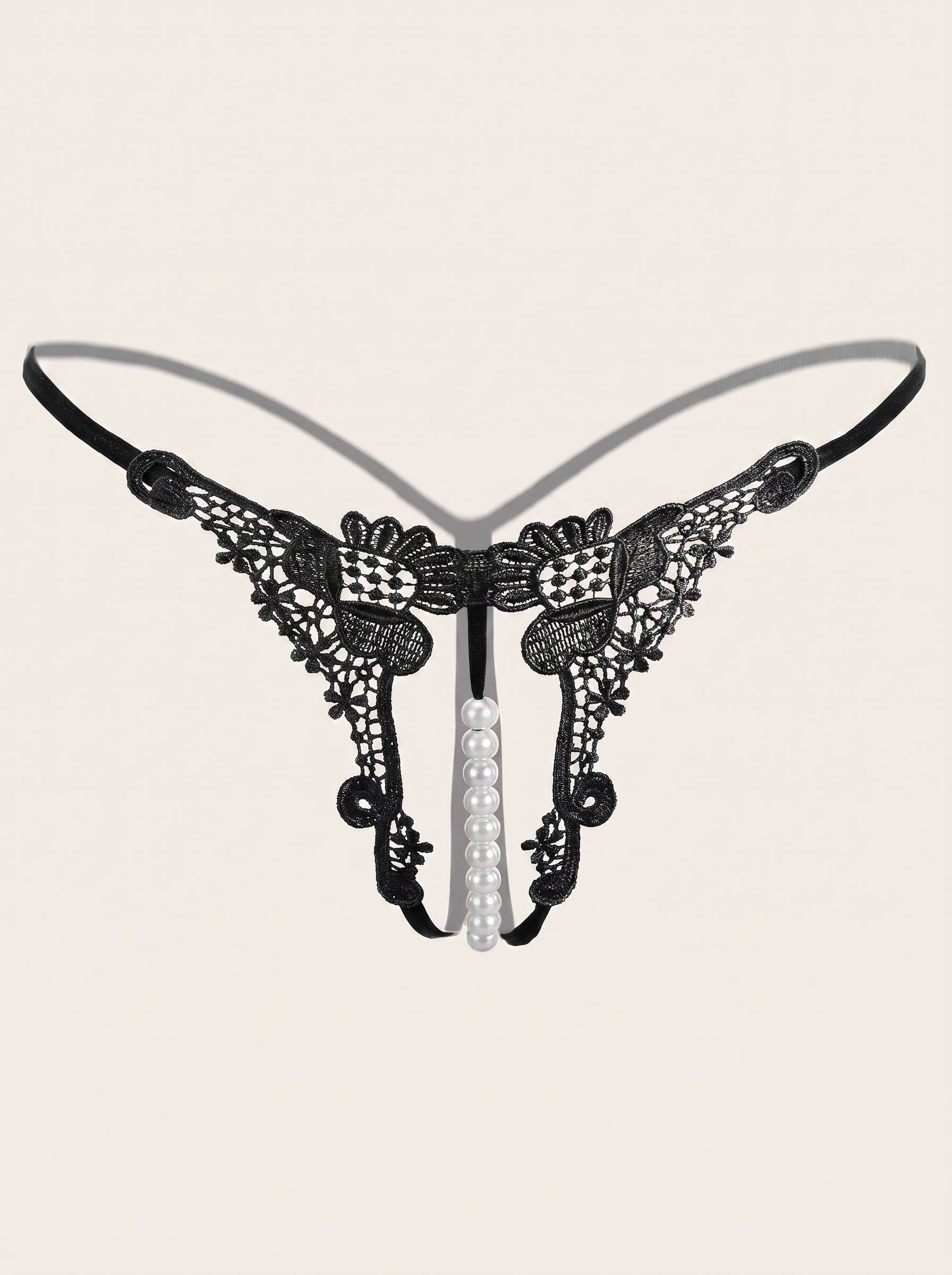 Lace Pearl G String in Black, floating