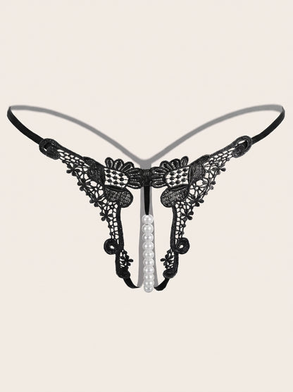 Lace Pearl G String in Black, floating