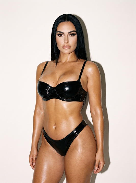 Nensi Lacquer Bra in Black, worn