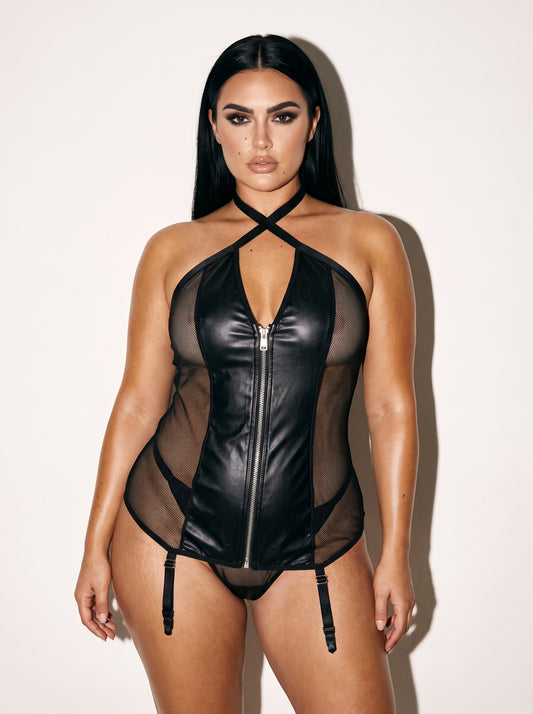 Fishnet Corset Bodysuit with Garter Straps in Black, worn